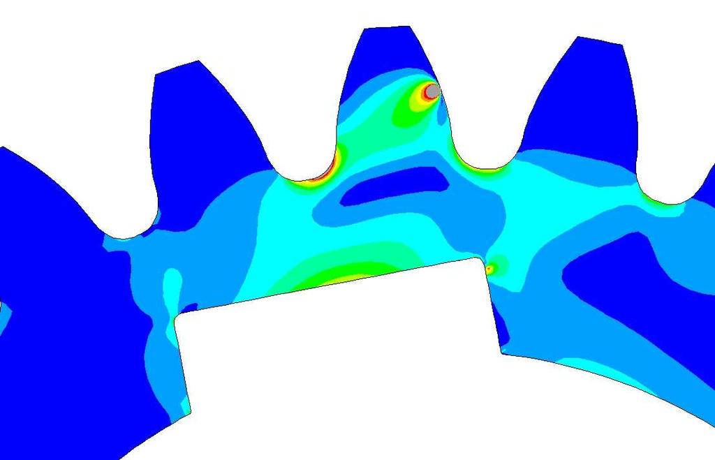 ANALÝZA A INTERPRETACE ZÍSKANÝCH VÝSLEDKŮ Obr. 5.14 Rozložení redukovaného napětí u ozubení s perem Na obrázku 5.15 jsou zobrazeny výsledky analýzy vlivu drážky pro pero v blízkosti paty zubu.