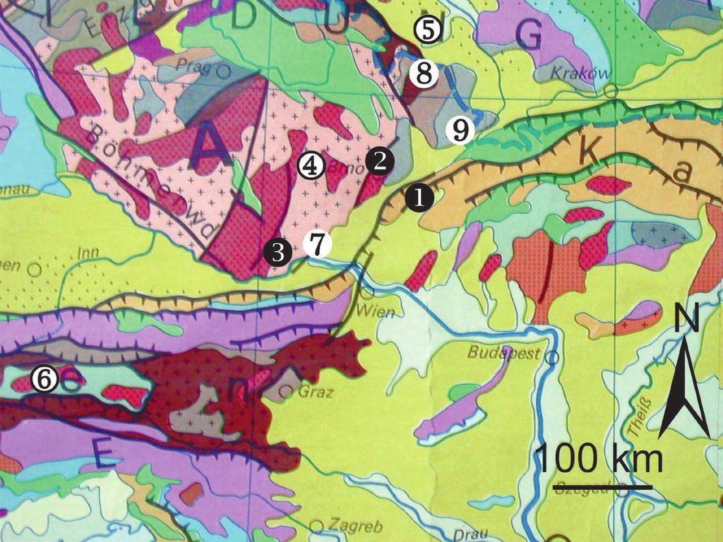 Přehled výzkumů 58-1, Brno 2017 Obr. 1. Geologické schéma a geografická pozice zkoumaných lokalit.