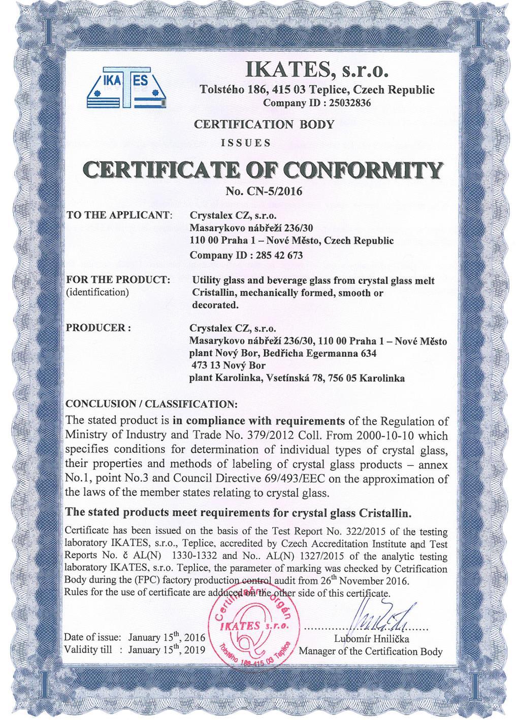 Certifikát shody skla produkce CX s