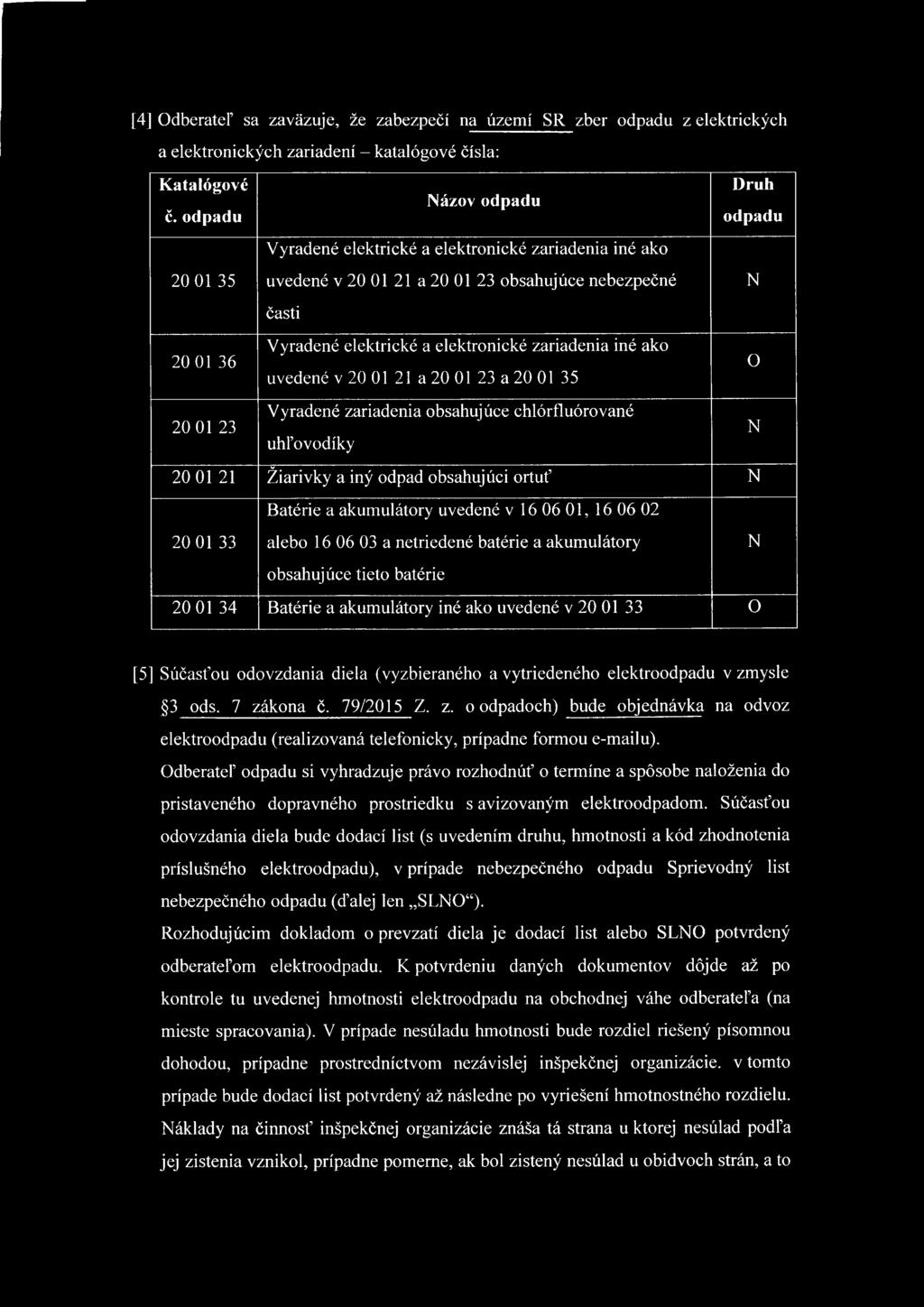 (vyzbieraného a vytriedeného elektroodpadu v zmysle 3 ods. 7 zákona č. 79/2015 Z. z. o odpadoch) bude objednávka na odvoz elektroodpadu (realizovaná telefonicky, prípadne formou e-mailu).