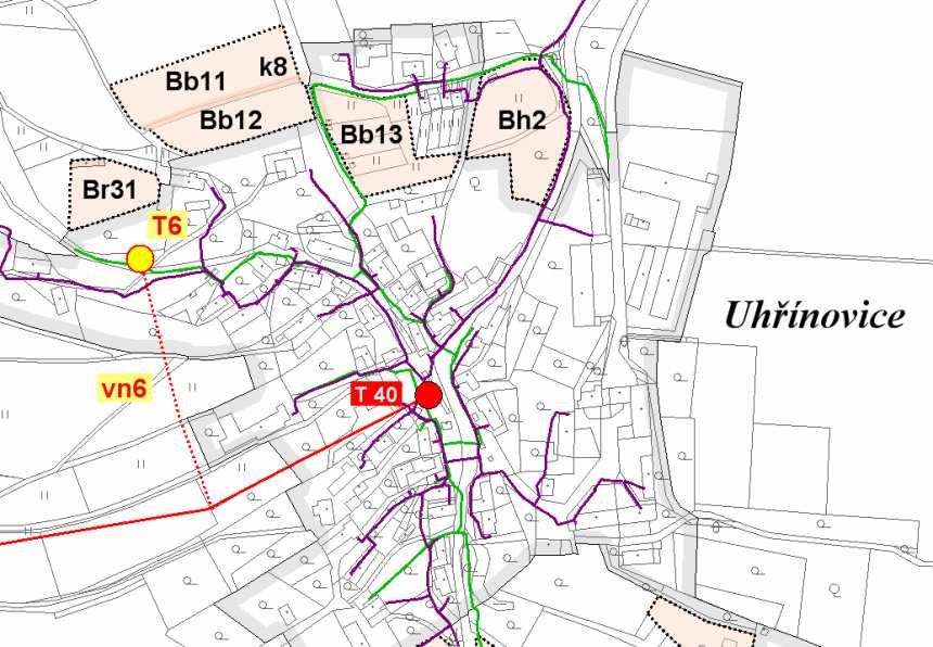 zásobování elektrickou energií Uhřínovice vrchní vedení vn6 35 kv o délce cca 190 m ze sloupu stávajícího kmenového vedení k navržené trafostanici T6