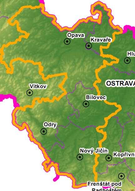 Vlastnosti a hodnoty území - reliéf Poopavská nížina Opava + Moravice, Hvozdnice Vítkovská vrchovina