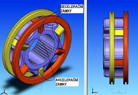 34) dojde ke kontaktu deceleračních zámků červeného přesuvníku s ozubeným kolem pátého stupně. Tím je zajištěna moţnost akcelerace a brţdění motorem na pátém převodovém stupni. Obr.