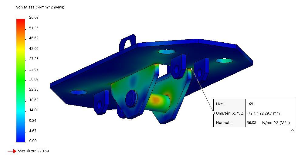 Obr. 29 Analýza svařované konzole Z obrázku 22 je vidět zvýraznění maximálního zatížení. Dle očekávání jsou nejvíce namáhané právě svařované spoje.