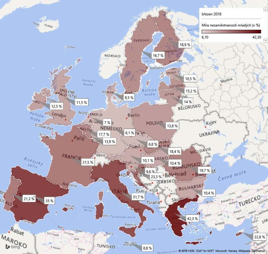 Zdroj: Unemployment by sex and age - monthly average, vlastní úprava *Belgie, Chorvatsko, Kypr, Rumunsko a Slovinsko poskytují pouze kvartální data, tedy data použitá na mapě jsou za 1.