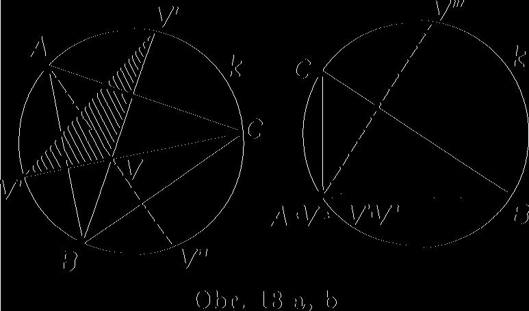 Není-li trojúhelník ABC pravoúhlý (obr. 18a), jsou body V', V", V" souměrné s V podle stran trojúhelníku navzájem různé.