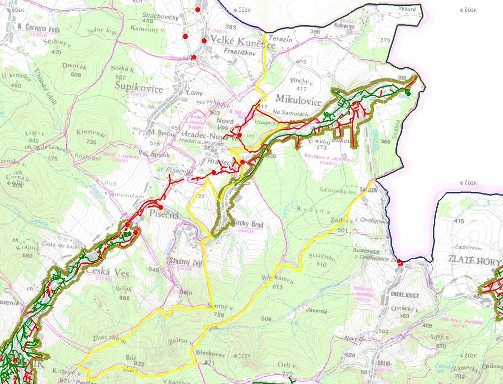 E. KANALIZACE A ČOV Mapa E1: Kanalizace - rozvody v obci Trasování sítí, lokalizace ČOV, čerpací stanice (ČS), výústě Obec: Mikulovice Legenda: Kanalizace: Ochranné pásmo: Vyústění: do 2015 po 2015 I