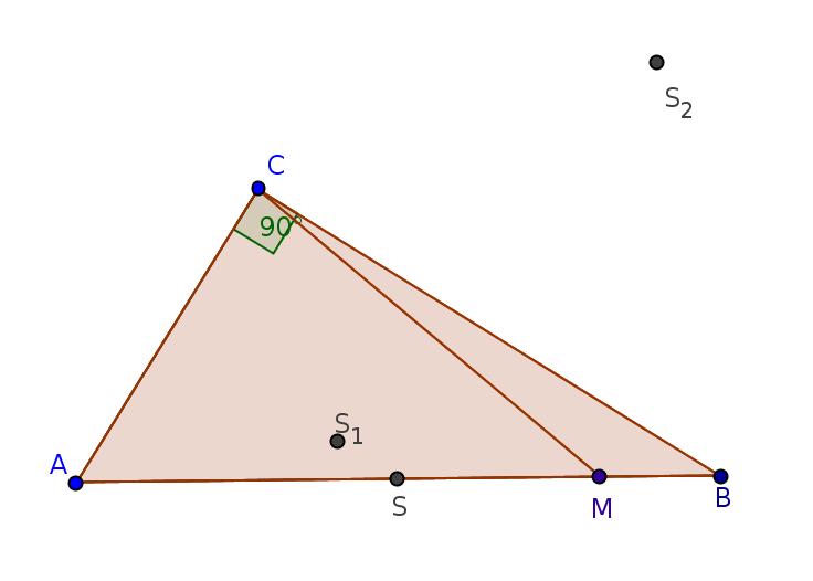3 ŘEŠENÉ PŘÍKLADY 9. Nechť M je libovolný vnitřní bod přepony AB pravoúhlého trojúhelníku ABC. Označme S, S1, S2 středy kružnic opsaných po řadě trojúhelníkům ABC, AMC, BMC.