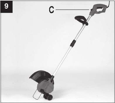 Nastavenie hornej rukoväte (obr. 9) Pri stlačení tlačidla (C) môžete otáčať hornou rúrkou do 2 polôh, napr. pri zastrihávaní okrajov trávnika (90 ).