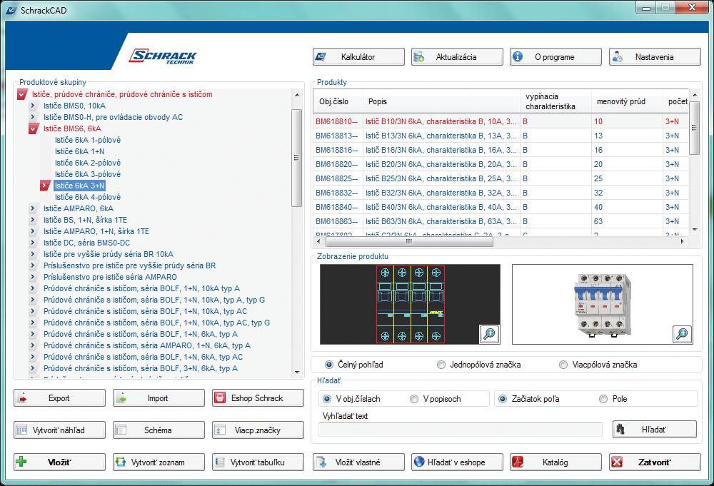 Schrack CAD Aktualizácia pridá nové produkty a súbory DWG do databázy Vytvoriť tabuľku vytvorí tabuľku označených produktov do výkresu Nastavenia nastavenia a prihlásenie sa do aplikácie a eshopu
