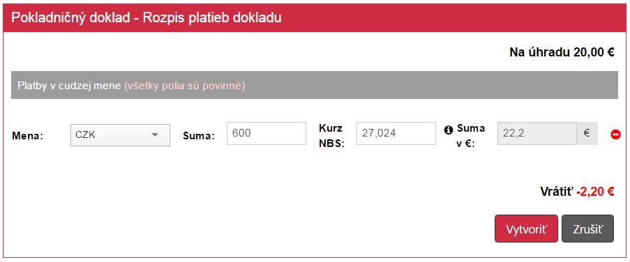 Strana 39 / 110 Systém vytvorenie pokladničného dokladu povolí až vtedy, ak množstvo prijatej cudzej meny je ekvivalentné ku sume na úhradu prepočet sa vykoná automaticky na základe množstva prijatej