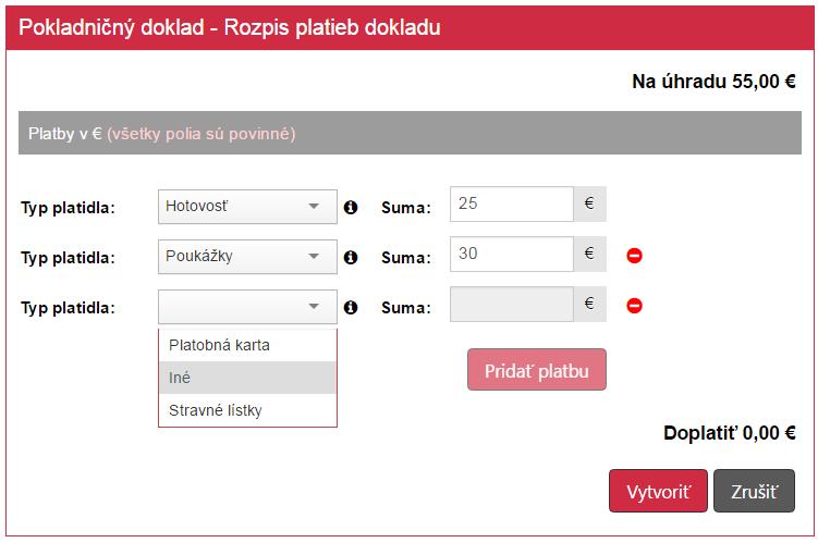 Strana 41 / 110 (namiesto tlačidla Vytvoriť, ktoré by sa zobrazilo v prípade, ak podnikateľ nemá nastavené prijímanie viacerých typov platidiel).