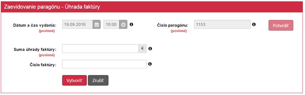 Strana 47 / 110 Obrázok 45: Zaevidovanie paragónu druhá časť Podnikateľ vyplní údaje z faktúry Sumu úhrady faktúry (kladnú alebo zápornú) a Číslo faktúry a stlačí tlačidlo Vytvoriť.