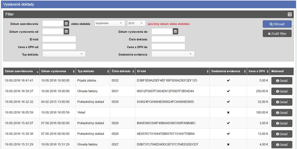 Strana 50 / 110 3.6.1 Zoznam vystavených dokladov a ich vyhľadávanie Po kliknutí na tlačidlo Vystavené doklady sa zobrazí tabuľka, ktorá obsahuje všetky vystavené doklady od vzniku VRP.