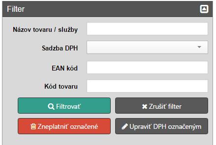 Strana 56 / 110 Obrázok 57: Tovar a služby - filter 3.7.1.1 Úprava tovaru / služby Táto možnosť slúži na editáciu EAN kódu, kódu tovaru, ceny danej položky (cena s DPH), sadzby dane za danú položku a poznámky k položke.