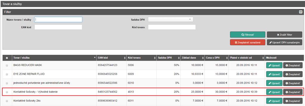 Strana 60 / 110 Obrázok 63: Aktualizovaný zoznam tovaru a služieb s novopridanou položkou 3.7.
