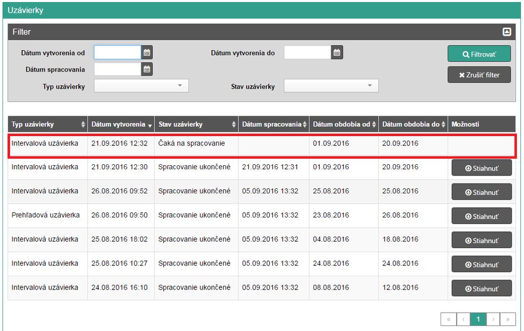 Strana 83 / 110 uzávierka zobrazí v zozname všetkých uzávierok v stave čaká na spracovanie. Keď prejde uzávierka do stavu spracovanie ukončené, je možné ju stiahnuť.