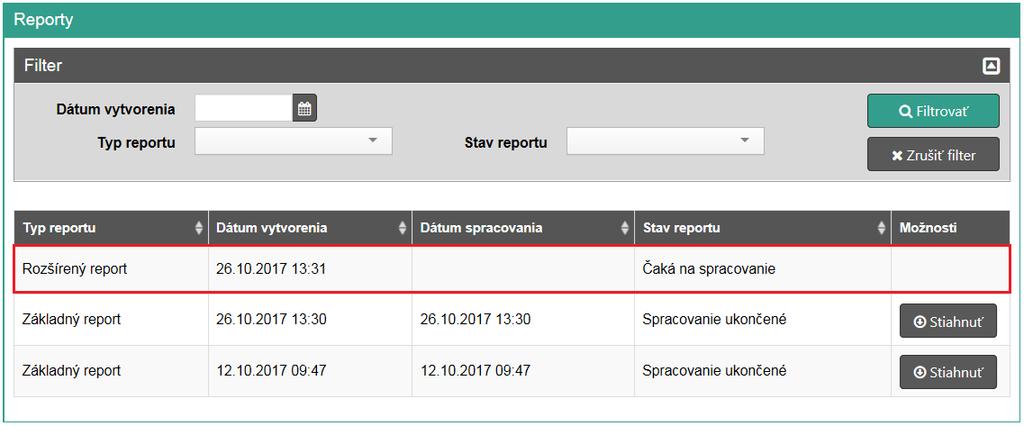 Po kliknutí na toto tlačidlo sa report zobrazí v zozname všetkých reportov v stave čaká na spracovanie.