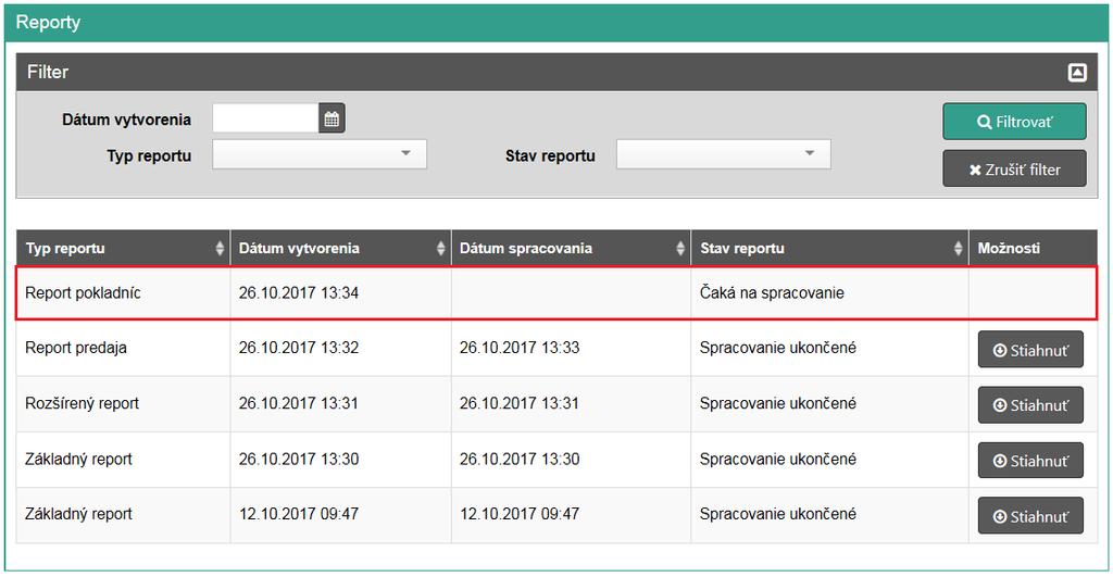 Strana 93 / 110 Obrázok 95: Report pokladníc zaradený na spracovanie Pre stiahnutie reportu klikne podnikateľ na tlačidlo Stiahnuť a report sa stiahne na lokálne úložisko. 3.9.6 Vytvorenie a stiahnutie reportu prihlásení Vytvoriť nový report prihlásení môže podnikateľ kliknutím na tlačidlo Reporty a vybratím položky Nový report v základnom menu.