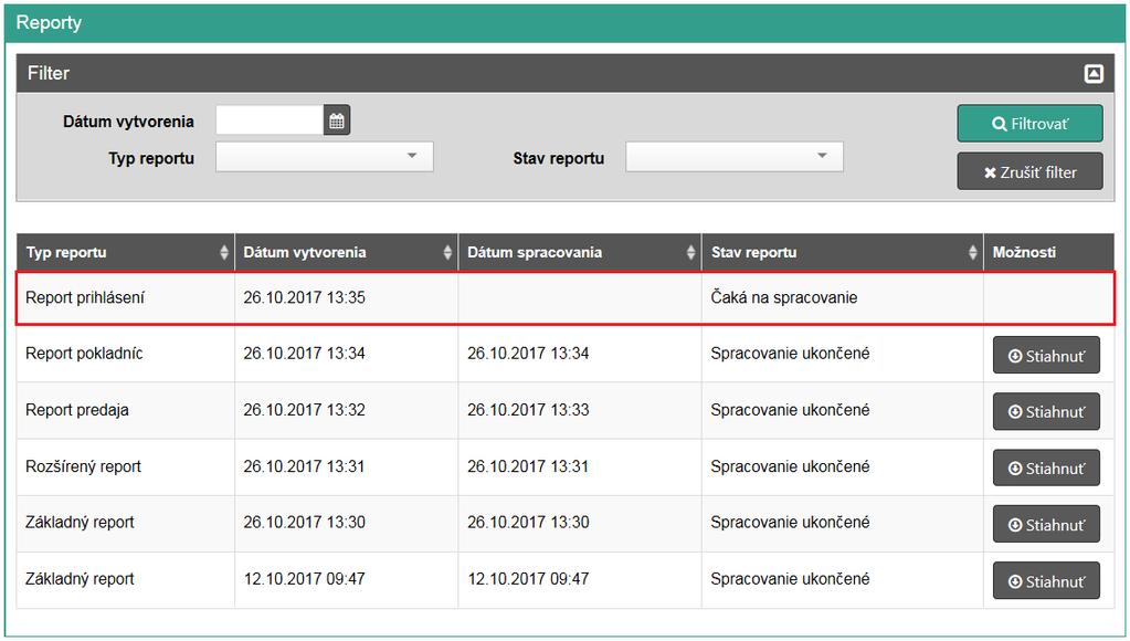 Po kliknutí na toto tlačidlo sa report zobrazí v zozname všetkých reportov v stave čaká na spracovanie.