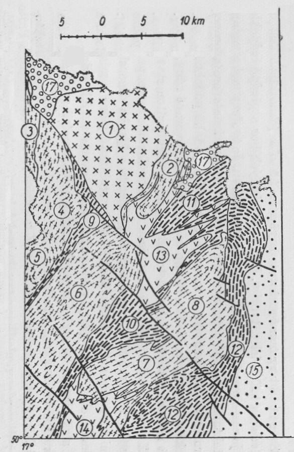 Obr. 3 Schematická geologická mapa oblasti Rychlebských hor (Pouba 1962, zjednodušeno) Popisky: 1 ţulovský masiv; 2 plášť ţulovského masivu; 3 série Kralického Sněţníku; 4 staroměstská série; 5