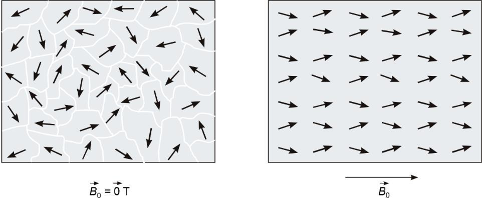 Obrázek 9: Magnetické domény bez vnějšího magnetického pole a při vložení do vnějšího magnetického pole. Převzato z [7 s.