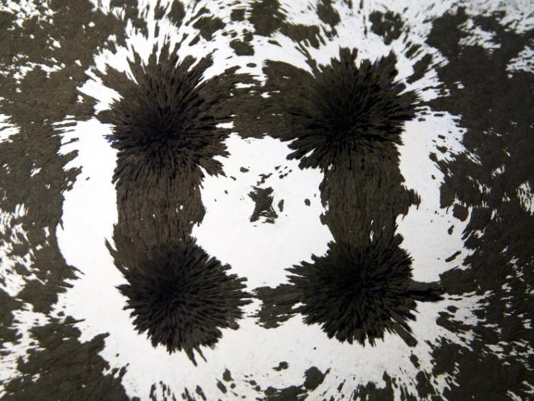 Obrázek 55: Zobrazení magnetického pole dvou neodymových tyčových magnetů železnými pilinami umístěných opačnými póly cca 4 cm od sebe.