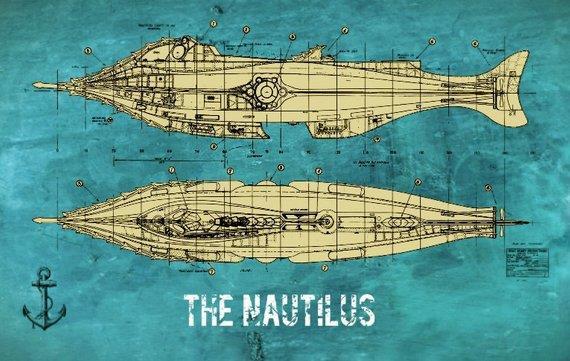 NAUTILUS (Dvacet tisíc mil pod mořem) (Tajuplný ostrov) ponorka kapitána Nema dlouhá sedmdesát metrů a v nejsilnějším místě široká osm metrů. Její základní váha činila tisíc pět set tun.