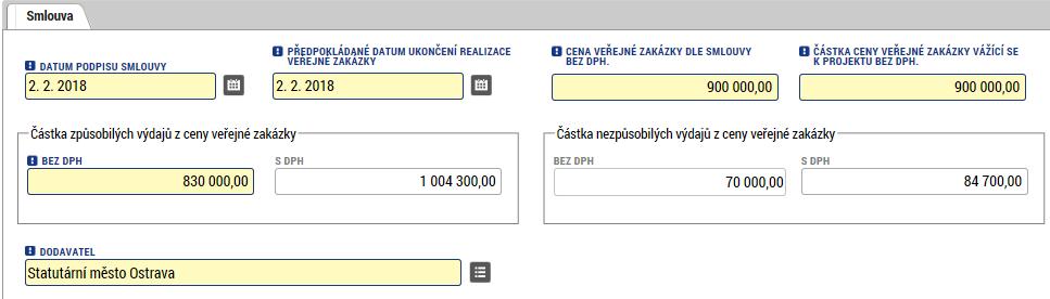 Žádost o změnu Modul veřejné zakázky ZÁLOŽKY VEŘEJNÉ ZAKÁZKY - ETAPY IV Záložka SMLOUVA Částky uvedené na