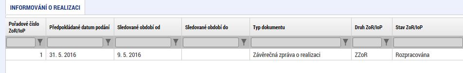 Zpráva o realizaci bez výběru obrazovek, nerelevantní záložky nevyplňovat založený záznam