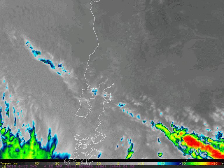 Erupce sopky Calbuco, Chile 22 23. dubna 2015 zdroj: Marcelo Utreras GOES-13 IR, 22.4.