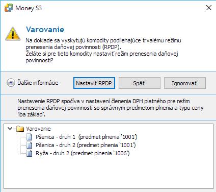 Po kliknutí na tlačidlo Nastaviť RPDP Money automaticky prevezme na položky vhodné členenie DPH s rovnakým predmetom plnenia ako je