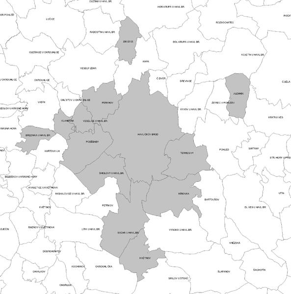 Jilemník - část Jilemník Klanečná - část Klanečná Květnov - část Květnov Mírovka - část Mírovka Zbožice - část Zbožice Perknov - část Havlíčkův Brod (část) Poděbaby - části Havlíčkův Brod (část)