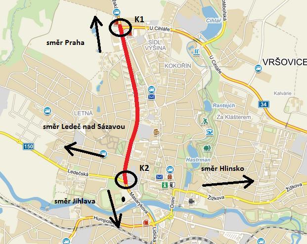 3 Analýza stávajícího stavu daného průtahu Průtahem, kterým se v diplomové práci budu zabývat je ulice Masarykova, která tvoří hlavní komunikační tepnu přes město Havlíčkův Brod vedoucí ze směru od