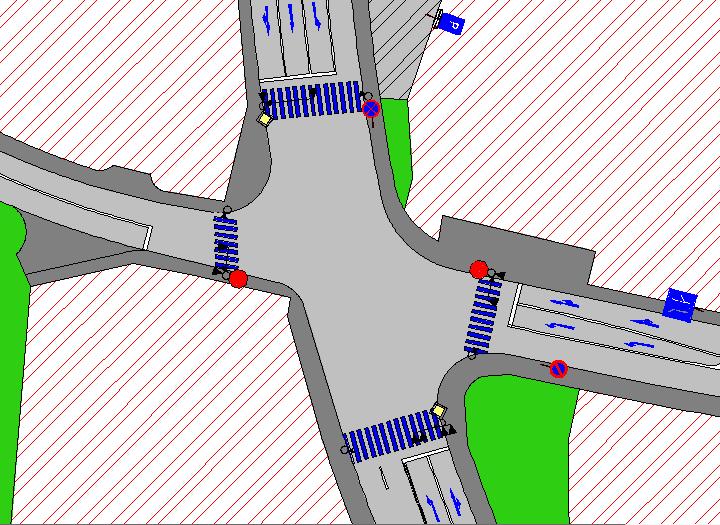 3.1.1 Analýza stávajícího stavu Analýza stávajícího stavu dané křižovatky ve výukovém produktu společnosti Autocad 2012: Obrázek 7 - Schéma křižovatky silnice I/38 X II/150 v poč.