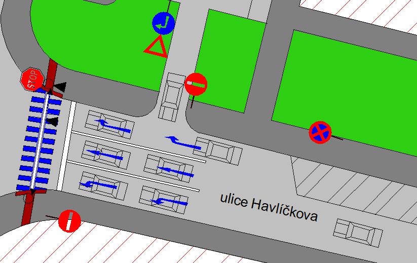 Obrázek 19 - Výjezd z parkoviště do jednosměrné ulice Havlíčkova 3.2.