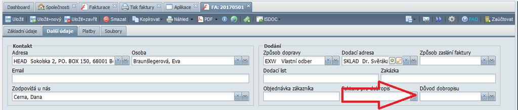 Na druhou záložku fakturace byl doplněn vstup pro důvod dobropisu.