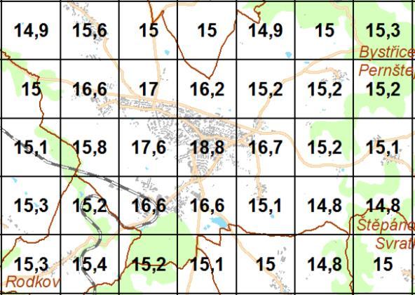 Pětileté průměry let 2011 2015 hodnocených škodlivin v jednotlivých čtvercích sítě 1*1 km, které pokrývají zájmovou oblast, jsou presentovány u jednotlivých škodlivin v mapovém podkladu a současně je