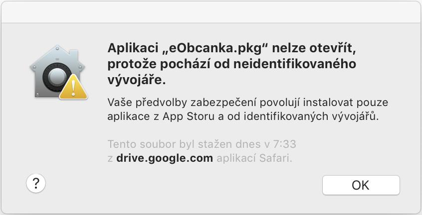 Obrázek 16: Varování operačního systému, že instalovaný balíček je nedůvěryhodný Uživatel si může - před instalací software eobčanka - důvěryhodnost podpisu prověřit pomocí příkazu pkgutil