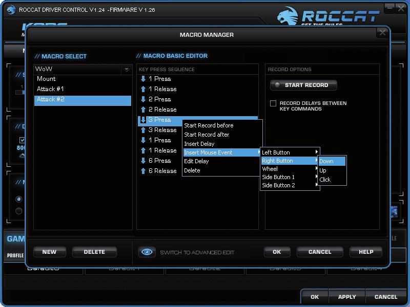 MACRO MANAGER Vložení kliknutí Další zvláštností ovladače ROCCAT je možnost vložit do makra kromě příkazů klávesnice také kliknutí myši.