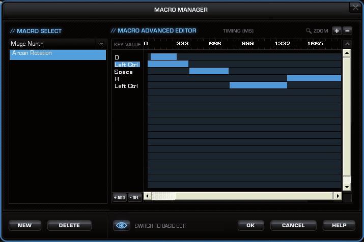 MACRO MANAGER Přepnutí do rozšířeného editoru (Switch to advanced editor) Pod prostředním podoknem lze ručně přímo změnit dobu mezi použitím jednotlivých kláves v makru.