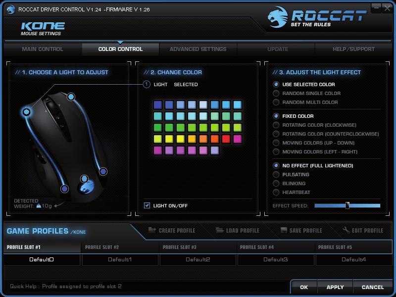 COLOR CONTROL Důmyslný světelný systém myši ROCCAT Kone umožňuje výběr, jakou barvou má svítit. Výběr je široký, např. světle modrá, tmavě modrá, červená a žlutá.