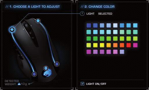 Kliknutím vyberte svítivou diodu a v podokně Change Color (Změnit barvu) jí přiřaďte libovolnou barvu. Change Color (Změnit barvu) Pomocí barevných políček vyberte požadovanou barvu.