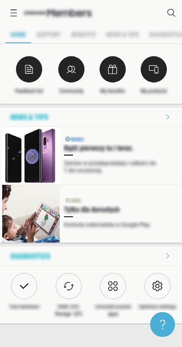 Aplikace a funkce Samsung Members Aplikace Samsung Members nabízí zákazníkům služby podpory, jako je například diagnostika problému se zařízením, a umožňuje uživatelům odesílat dotazy a hlášení o