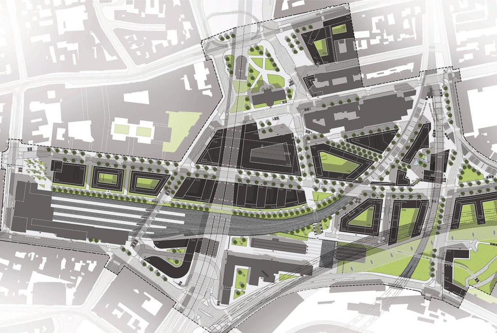 ARCHITEKTONICKÁ SITUACE tramvajová zastávka Florenc Negrelliho viadukt vstup do stanice metra B Florenc integrovaný do přízemí administrativní budovy severojižní magistrála vstup do stanice metra C