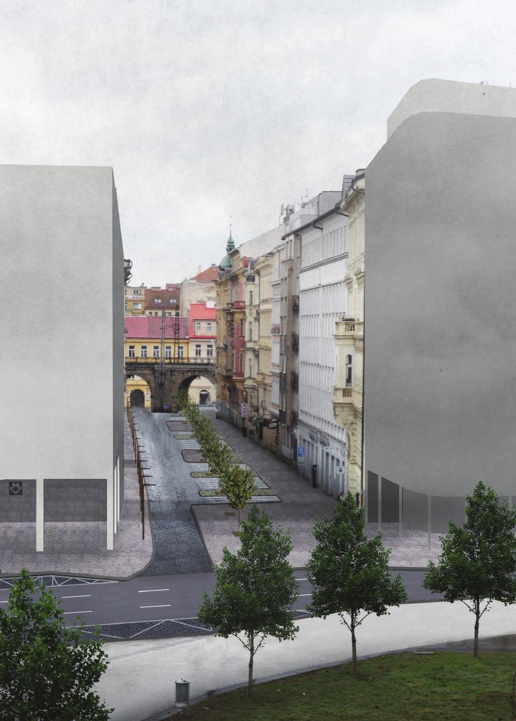 3. FÁZE finální stav Tenhle návrh představuje výhledovou proměnu ulice Za Poříčskou bránou, která počítá s budoucí investicí v blízkém okolí.