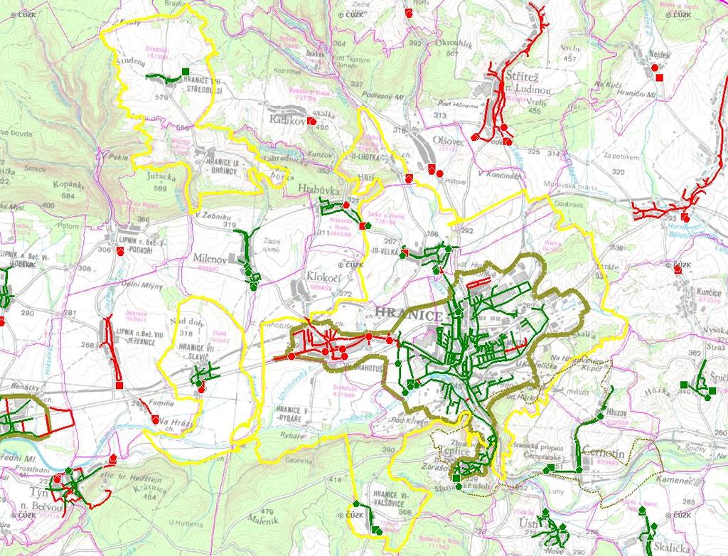 E. KANALIZACE A ČOV Mapa E1: Kanalizace - rozvody v obci Trasování sítí, lokalizace ČOV, čerpací stanice (ČS), výústě Obec: Hranice Legenda: Kanalizace: Ochranné pásmo: Vyústění: do 2015 po 2015 I IA