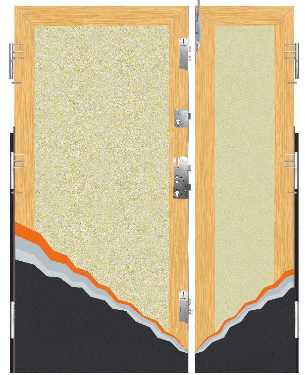 DOUKŘÍDLÉ DEŘE DS K3000 56 mm KONSTRUKCE DEŘÍ plněné PUR pěnou Lištový zámek ROTO QB nahrazující tři tradiční zámky plné dveře Ud od 1,2 prosklené dveře Ud od 1,5 16 uzavíracích bodů Kovově-dřevěná