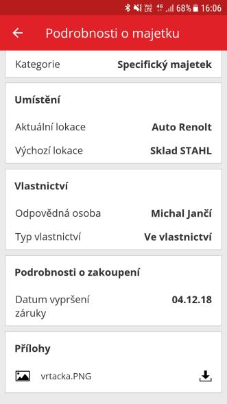 3.2.2 Přílohy v podrobnostech o majetku Nyní je také možné zobrazit přílohy přidané k majetku v seznamu příloh v bočním panelu oddílu Podrobnosti o majetku ve webové i mobilní aplikaci.