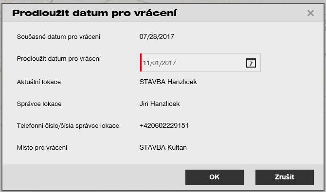 Smazat termín vrácení vymaže z hlavní obrazovky upozornění a vymaže termín vrácení pro tento majetek ( Datum vrácení je vymazáno automaticky spolu s upozorněním).